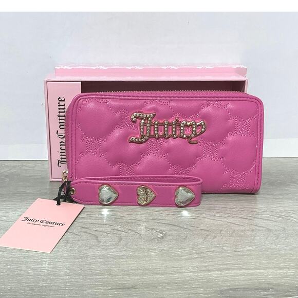 Juicy Couture Pink Heart-Quilted Bedazzled Heart Strap Wallet Zip Closure - Picture 2 of 8